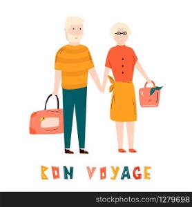 Happy retired couple traveling together. Vector illustration in a flat style. Happy retired couple traveling together Flat image