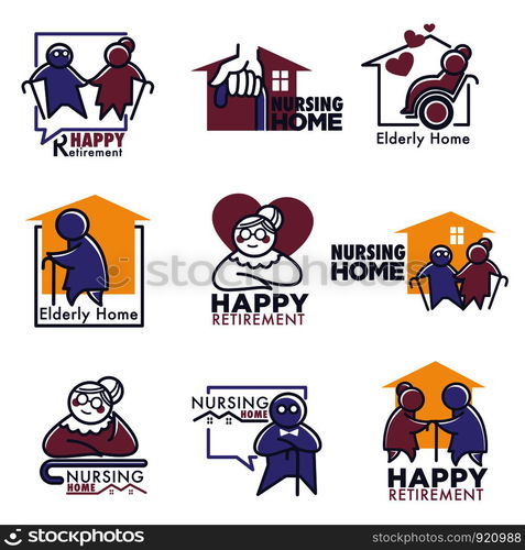 Happy retirement for elderly people nursing home isolated logos vector ...