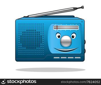 Happy retro blue portable transistor radio with an aerial and smiling face isolated on white. Happy retro transistor radio