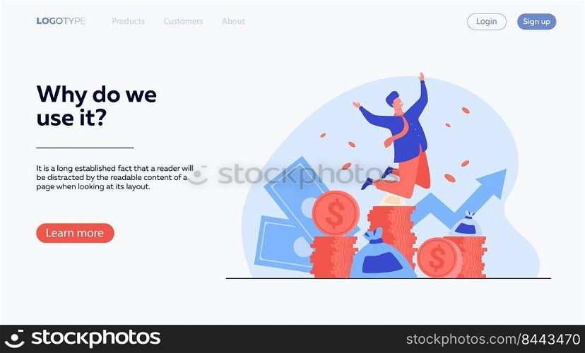 Happy rich banker celebrating income growth. Broker enjoying success in stock market trading. Flat vector illustration for money, finance, millionaire concept
