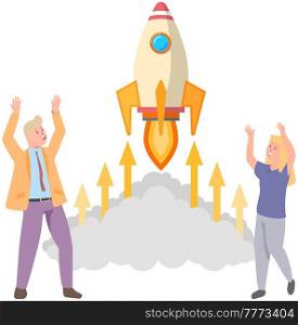 Happy rich people watching rocket launch. Project, flying, startup concept. Business startup and entrepreneurship. Rocket as symbol of new project flies into space. Enjoyment of success and wealth. Happy rich people watching rocket launch. Aircraft as symbol of new project flies into space