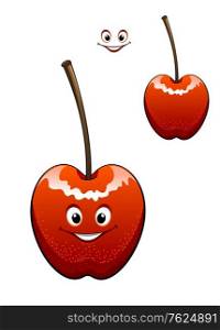 Happy ripe red cherry with a smiling face and long stalk with a second variant with no face and the smile element separate, isolated on white