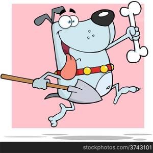 Happy Running Gray Dog With A Bone And Shovel