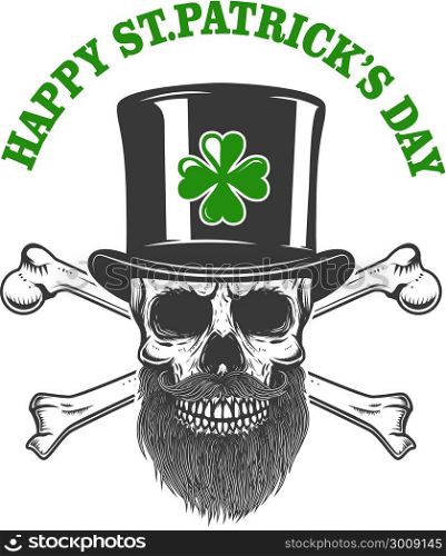 Happy saint patrick day. Irish Leprechaun skull with clover. Design element for poster, t-shirt, emblem, sign. Vector illustration