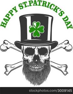 Happy saint patrick day. Irish Leprechaun skull with clover. Design element for poster, t-shirt, emblem, sign. Vector illustration