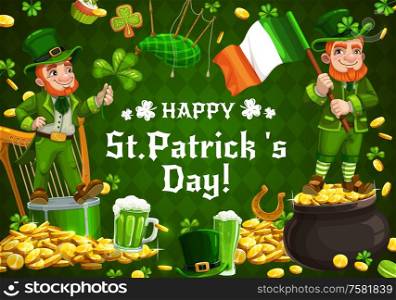Happy Saint Patrick day, shamrock pattern background with leprechaun and Ireland flag. Vector St Patrick Irish holiday celebration luck symbol, clover leaf, golden horseshoe and bagpipes. Saint Patrick Day, leprechaun and shamrock pattern