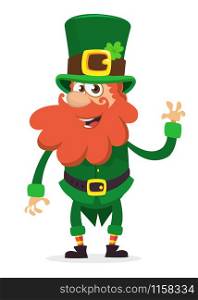 Happy Saint Patrick&rsquo;s Day. Smiling cartoon character leprechaun with green hat waving hand. Vector illustration
