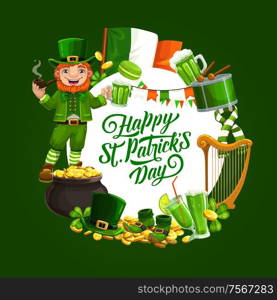 Happy Saint Patricks day holiday symbols round frame. Vector flag of Ireland, mug of ale beer, drum and drumsticks, leprechauns scarf and boots. Pot of gold, smoking gnome and cookies. Patricks feast holiday symbols, food and drinks