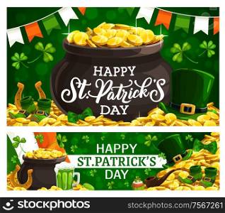Happy Saint Patricks day, Irish holiday poster with leprechaun gold coins in cauldron on green shamrock background. Vector Ireland flags, cupcake and golden horseshoe with leprechaun hat. St Patricks day, leprechaun gold in cauldron