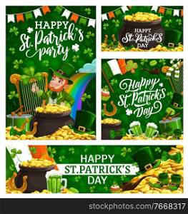 Happy Saint Patricks day religious holiday cards with national symbols. Vector flag of Ireland, leprechaun playing harp, lucky horseshoe and piles of gold. Food, drinks and lettering, scarf of gnome. Ireland national religious holiday, Patricks day