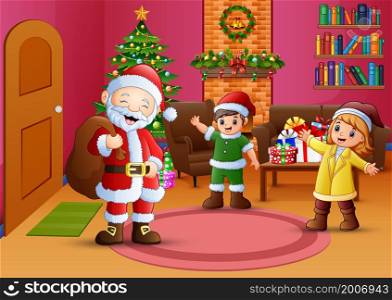 Happy santa and two kids in the living room with christmas tree