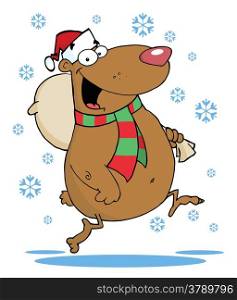 Happy Santa Bear Runs With Bag In The Snow