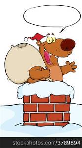 Happy Santa Bear Waving A Greeting In Chimney With Speech Bubble