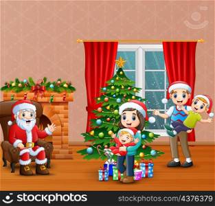 Happy santa calus with family celebration a christmas at home