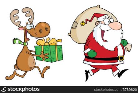 Happy Santa Claus And Reindeer Runs With Gifts