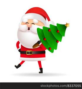 Happy Santa Claus carrying Xmas tree. Cartoon character walking and holding fir tree. Christmas concept. Realistic vector illustration can be used for greeting cards, festive banner and poster design