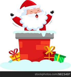 Happy Santa Claus Cartoon Character In The Chimney. Vector Illustration Flat Design Isolated On Transparent Background