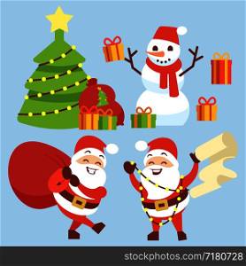 Happy Santa Claus flat character with gift bag, snowman, Christmas tree and gift box illustrations isolated on blue vector. Happy Santa Claus flat character with gift bag, snowman, Christmas tree and gift box