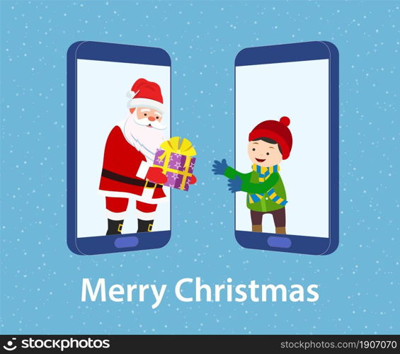 Happy Santa Claus giving a virtual gift to a boy on a video call on smartphone, distant but together Christmas card. Vector illustration flat style. Happy Santa Claus giving a virtual gift
