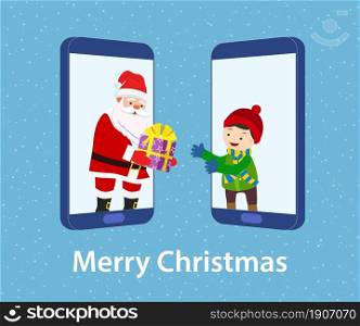 Happy Santa Claus giving a virtual gift to a boy on a video call on smartphone, distant but together Christmas card. Vector illustration flat style. Happy Santa Claus giving a virtual gift