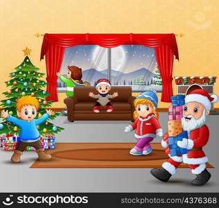 Happy santa claus holding a gifts for children