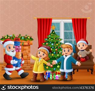 Happy santa claus holding a gifts for children