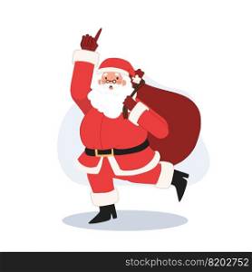 Happy Santa claus is carry a sack of gift is ready to work. cheer up. raise hand up. Vector illustration.