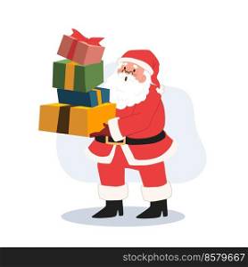 Happy Santa claus is holding a lot of gift box. Vector illustration.