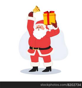 Happy Santa claus is holding gift box and ring the bell. merry christmas. Vector illustration.
