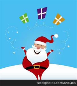 Happy Santa Claus juggling christmas presents