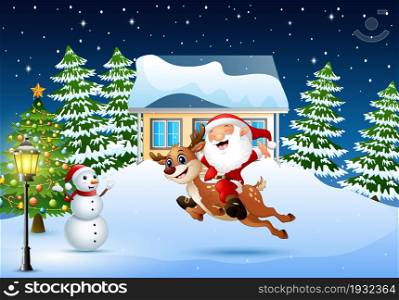 Happy santa claus riding a reindeer jumping in the snowing village