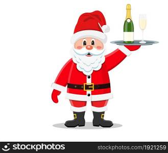 happy Santa Claus waiter hold a tray with a bottle of champagne. Merry christmas holiday. New year and xmas celebration Vector illustration in a flat style .. Santa Claus waiter hold a tray with a bottle