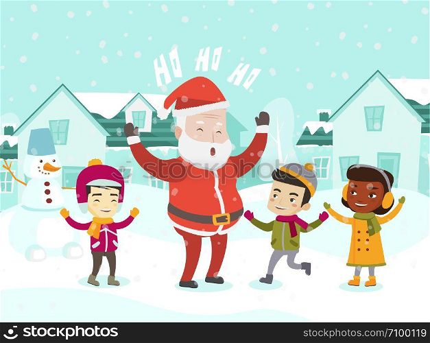 Happy Santa Claus with a group of multiethnic children having fun outdoors on a snowy winter day. African-american, Caucasian and Asian children playing with Santa Claus. Vector cartoon illustration.. Multiethnic children playing with Santa Claus