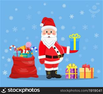 Happy Santa Claus with presents Smiling Father Frost with a bag of gifts. New Year, Christmas concept. Perfect for greeting card, poster, banner. Vector illustration in flat style. Happy Santa Claus with presents