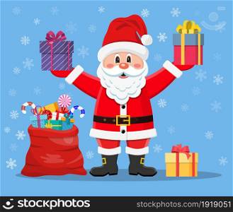 Happy Santa Claus with presents Smiling Father Frost with a bag of gifts. New Year, Christmas concept. Perfect for greeting card, poster, banner. Vector illustration in flat style. Happy Santa Claus with presents