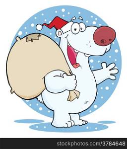Happy Santa Polar Bear Waving A Greeting In The Snow
