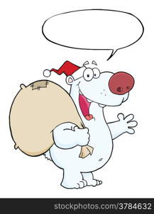Happy Santa Polar Bear Waving A Greeting With Speech Bubble