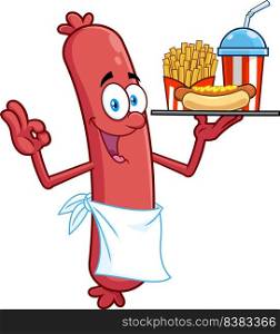 Happy Sausage Chef Cartoon Character Gesturing Ok And Holding A Hot Dog, French Fries And Soda On A Tray. Vector Hand Drawn Illustration Isolated On White Background