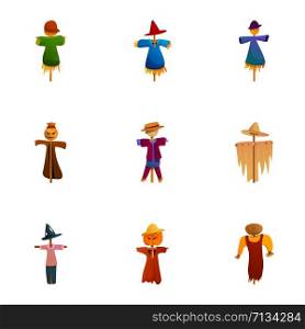 Happy scarecrow icon set. Cartoon set of 9 happy scarecrow vector icons for web design isolated on white background. Happy scarecrow icon set, cartoon style