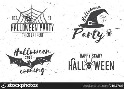 Happy scary Halloween party concept. Vector Halloween retro badge. Concept for shirt or logo, print, seal, stamp. Spider, bat, hat and web. Typography design- stock vector.. Happy scary Halloween party concept. Vector illustration.