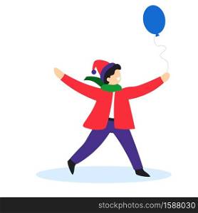 Happy school child holding balloon joyfully running, Birthday party or Christmas celebration vector. Boy with hat and scarf, childhood and winter holidays. Kid playing, isolated male character. Child holding balloon, Christmas or Birthday party celebration