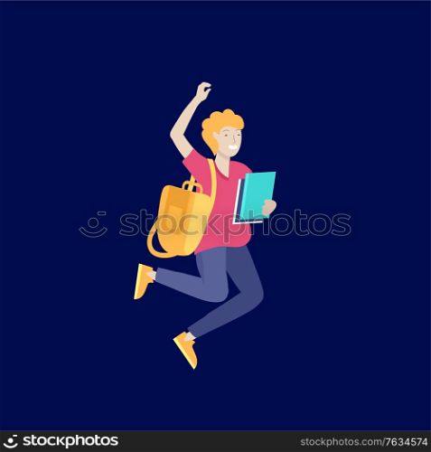 Happy school child joyfully jumping and laughing on background. Concept of happiness, gladness and fun. Vector illustration for banner, poster, website, invitation.. Happy school children joyfully jumping and laughing isolated on white background. Concept of happiness, gladness and fun. Vector illustration for banner, poster, website
