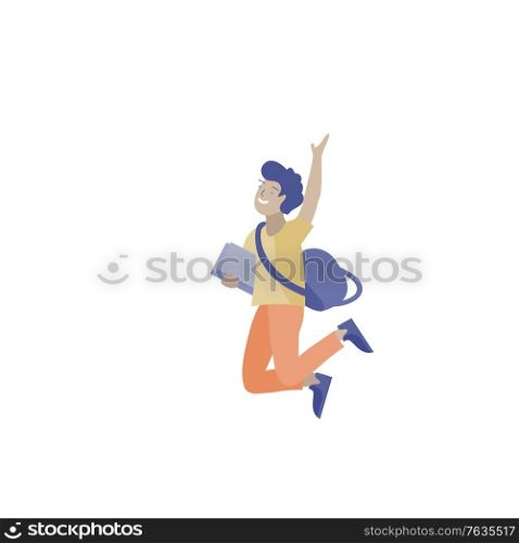Happy school child joyfully jumping and laughing on background. Concept of happiness, gladness and fun. Vector illustration for banner, poster, website, invitation.. Happy school children joyfully jumping and laughing isolated on white background. Concept of happiness, gladness and fun. Vector illustration for banner, poster, website