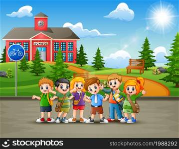 Happy school children in the road to school