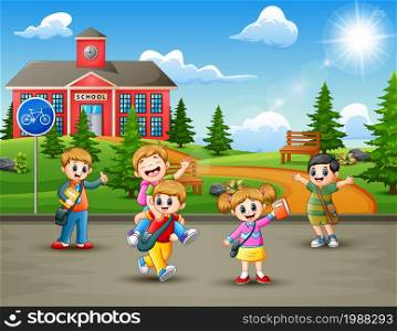 Happy school children in the road to school
