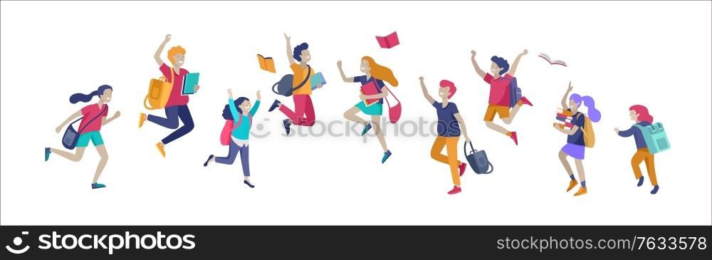 Happy school children joyfully jumping and laughing isolated on white background. Concept of happiness, gladness and fun. Vector illustration for banner, poster, website, invitation.. Happy school children joyfully jumping and laughing isolated on white background. Concept of happiness, gladness and fun. Vector illustration for banner, poster, website