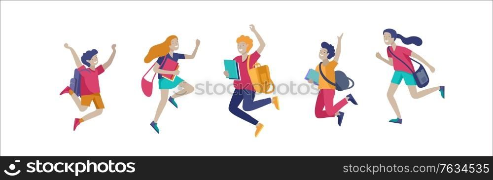 Happy school children joyfully jumping and laughing isolated on white background. Concept of happiness, gladness and fun. Vector illustration for banner, poster, website, invitation.. Happy school children joyfully jumping and laughing isolated on white background. Concept of happiness, gladness and fun. Vector illustration for banner, poster, website