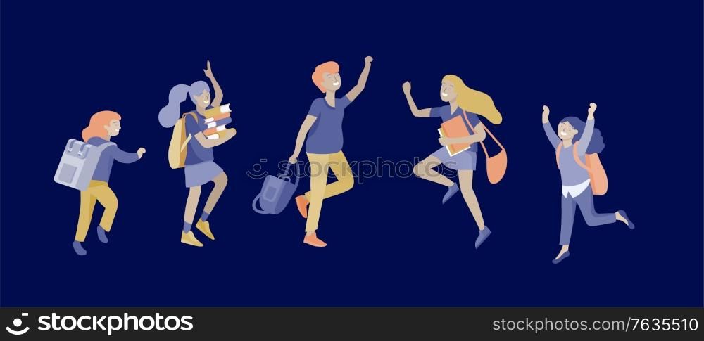 Happy school children joyfully jumping and laughing on background. Concept of happiness, gladness and fun. Vector illustration for banner, poster, website, invitation.. Happy school children joyfully jumping and laughing isolated on white background. Concept of happiness, gladness and fun. Vector illustration for banner, poster, website