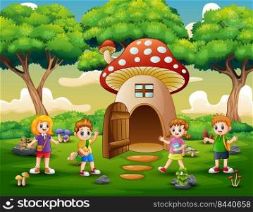 Happy school children on the fantasy house of mushroom 