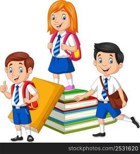 Happy school children with stack of book